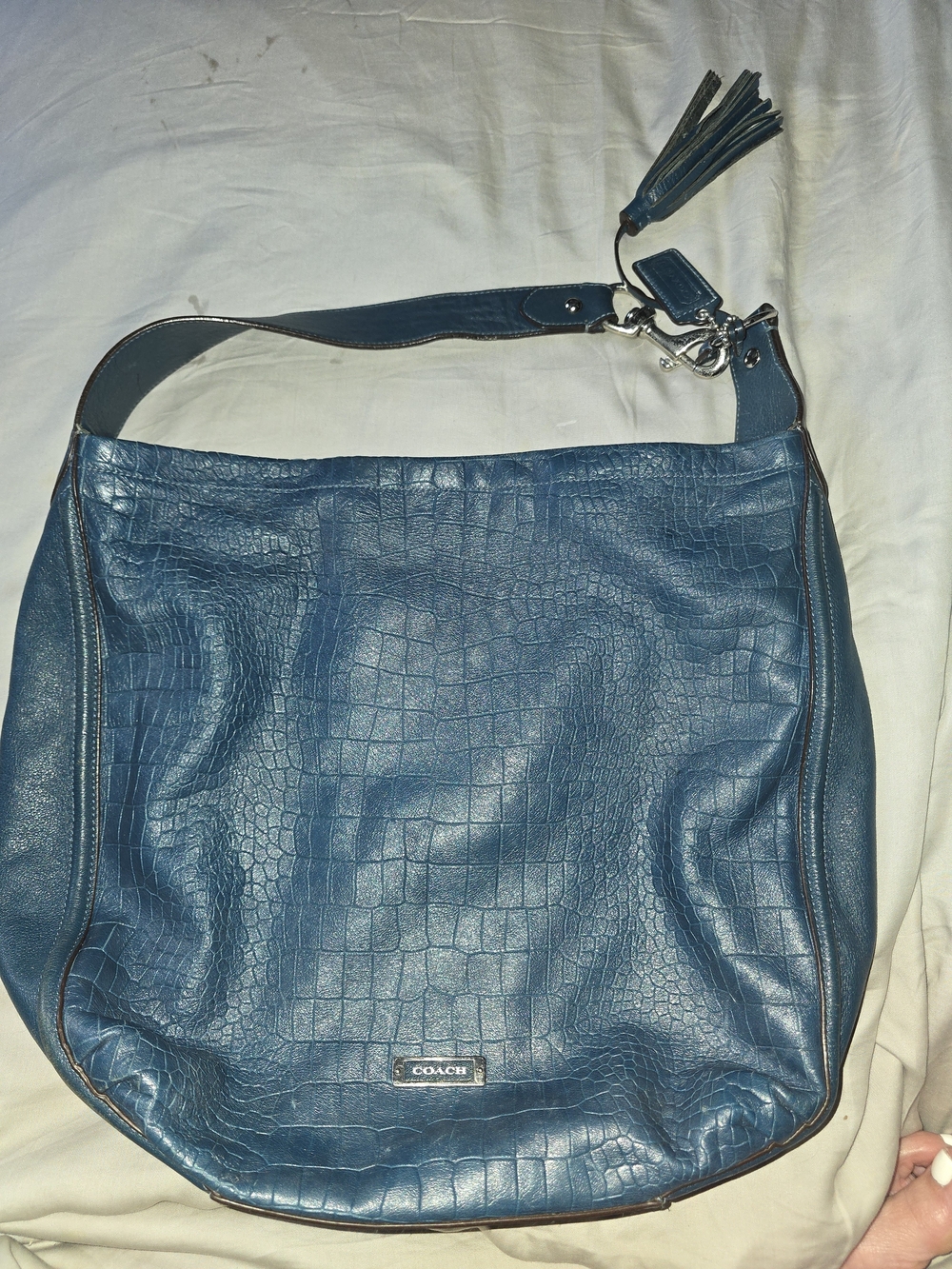 Coach Teal Croc-Embossed Leather Shoulder Bag with Tassel